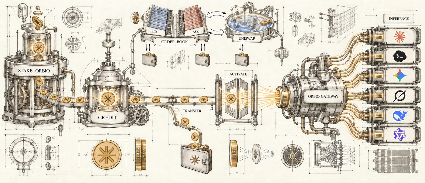 orbio's CREDIT protocol drawn as a machine: staking, markets, transfers and activation feeding the Orbio gateway